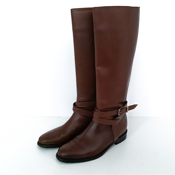 Burberry Adelaide Brown Leather Side Zip Strappy Gold Tone Buckle Riding Boots - Picture 4 of 12